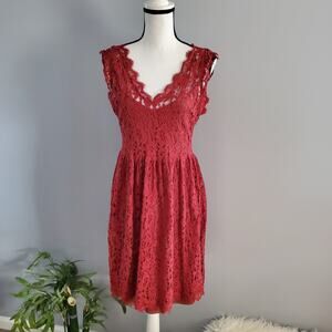 Anthropology Greylin Red Sleeveless V Neck Lace Dress L